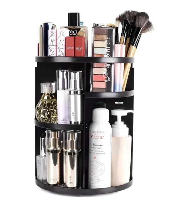 360° Rotating Cosmetic Organizer – Black Makeup Storage Box for Skincare & Beauty Essentials