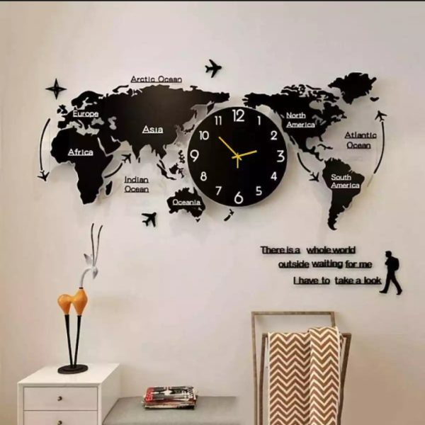 Wooden World Map Wall Clock – 3D Digital Design, 24×24 Inches Home & Office Decor