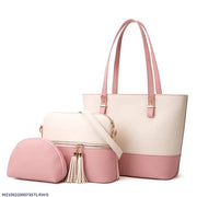Stylish Women's PU Leather Hand Bag Set - 3 Pcs in White & Pink