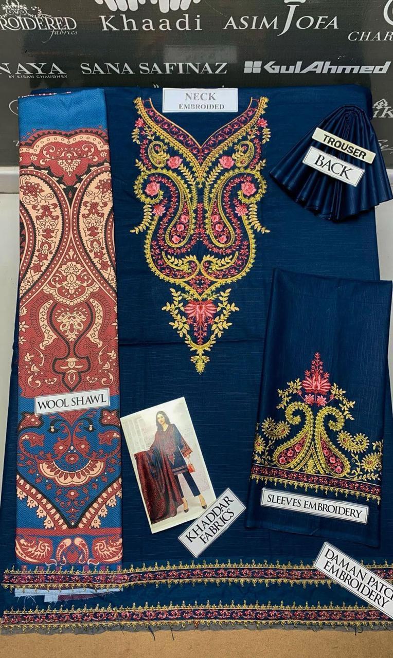 3 Pcs Women's Unstitched Khaddar Embroidered Suit