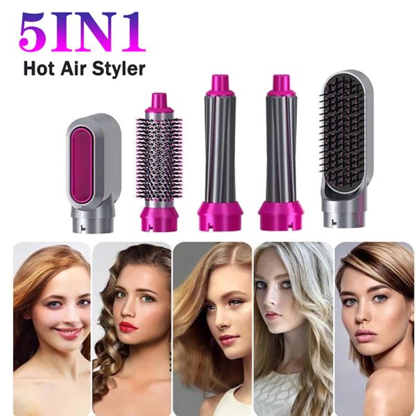 5 in 1 Hair Dryer Brush – Electric Blow Dryer, Straightener & Curling Wand Kit with Detachable Brushes (Random Color)
