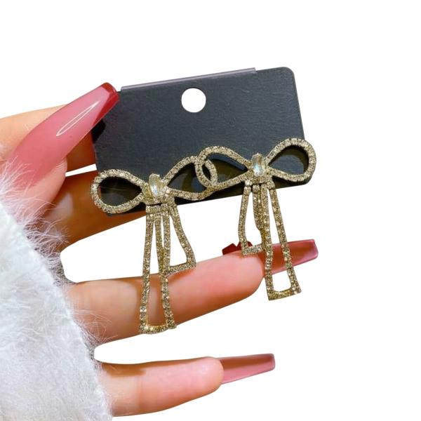 PQT-985 Bow Shape Zircon Korean Earrings – Elegant Golden Color Women’s Jewelry